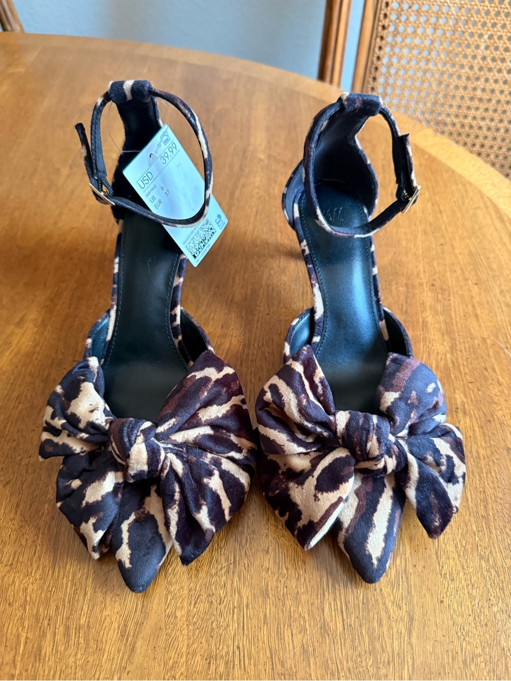 H&M Animal Print Bow Ankle-Strap Kitten Heels - Black & Tan